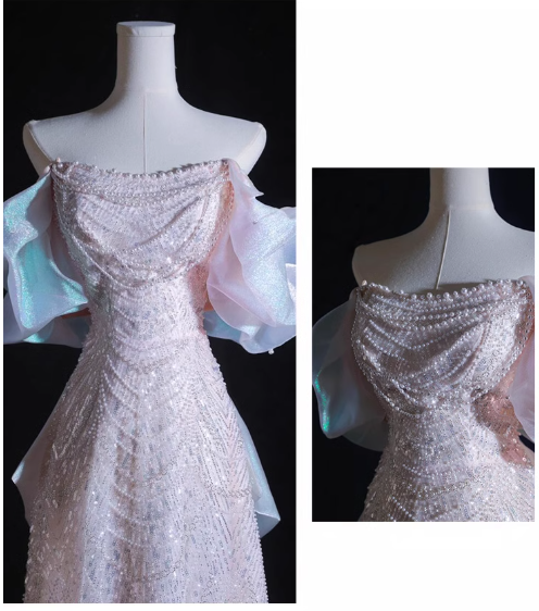Soft Pink A-line off-shoulder tulle sequins beaded long prom dress, pink evening dress  ED01033