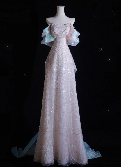Soft Pink A-line off-shoulder tulle sequins beaded long prom dress, pink evening dress  ED01033