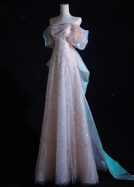 Soft Pink A-line off-shoulder tulle sequins beaded long prom dress, pink evening dress  ED01033