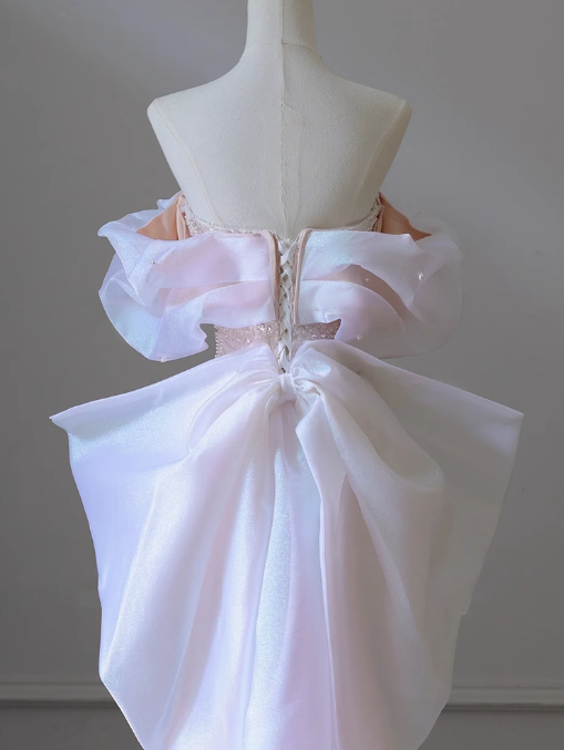 Soft Pink A-line off-shoulder tulle sequins beaded long prom dress, pink evening dress  ED01033