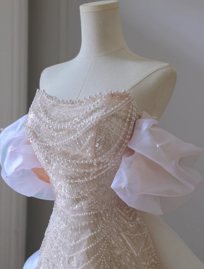 Soft Pink A-line off-shoulder tulle sequins beaded long prom dress, pink evening dress  ED01033