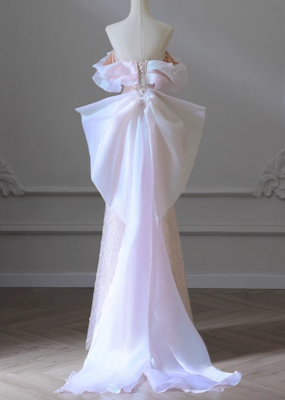 Soft Pink A-line off-shoulder tulle sequins beaded long prom dress, pink evening dress  ED01033