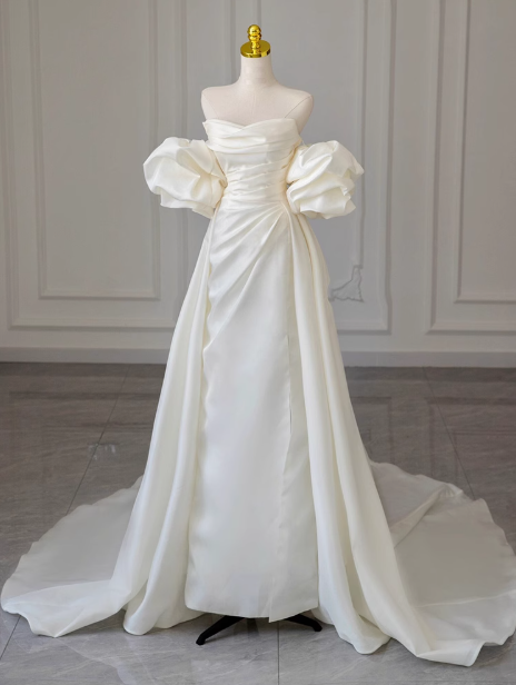 A-line off-the-shoulder satin long prom dress, off-white long train dress HZ1024