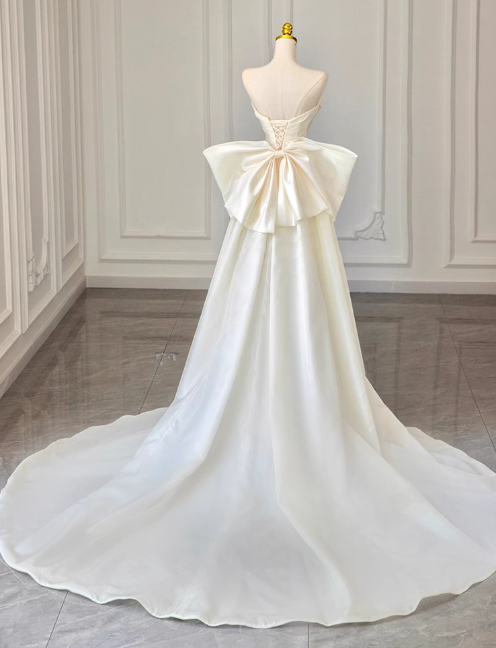 A-line off-the-shoulder satin long prom dress, off-white long train dress HZ1024