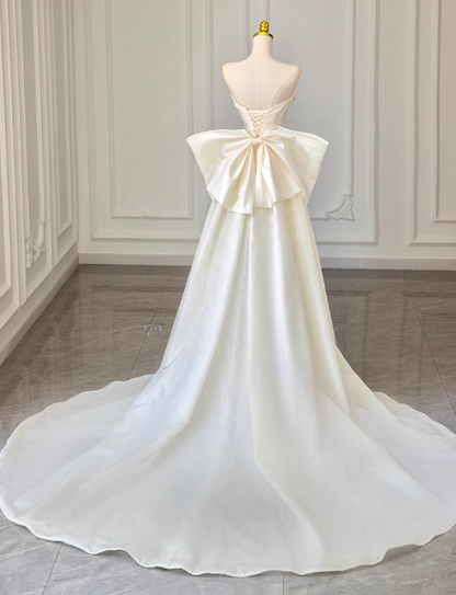 A-line off-the-shoulder satin long prom dress, off-white long train dress HZ1024