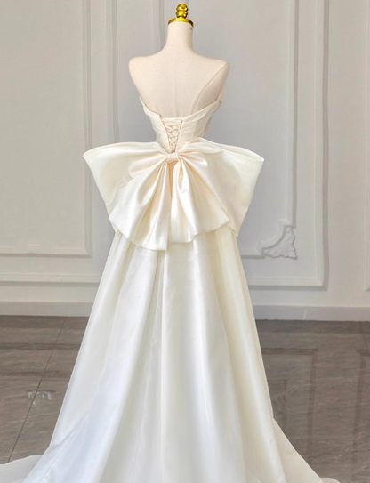 A-line off-the-shoulder satin long prom dress, off-white long train dress HZ1024