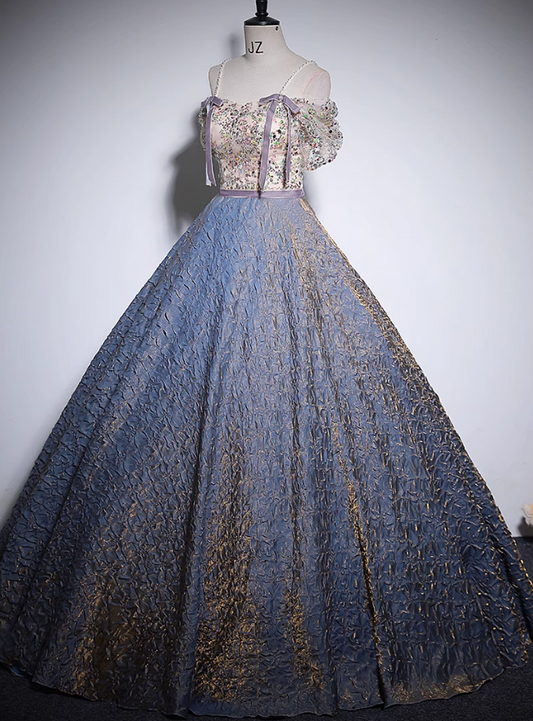 A-line off-shoulder tulle sequined long prom dress, purple evening dress HZ1024