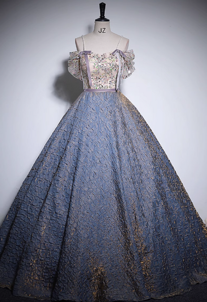 Purple A-line off-shoulder tulle sequined long prom dress, purple evening dress ED01035