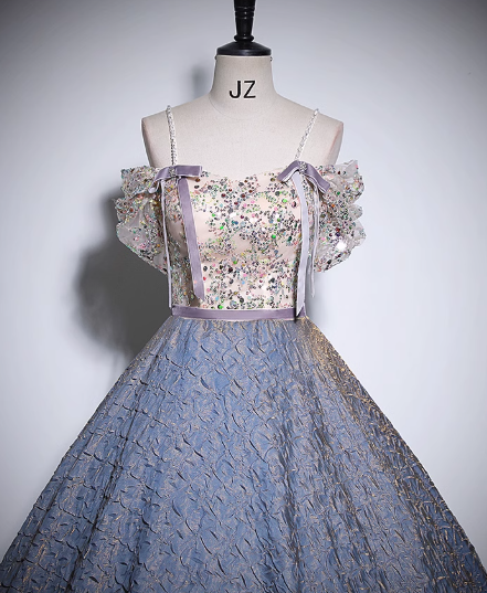 A-line off-shoulder tulle sequined long prom dress, purple evening dress HZ1024