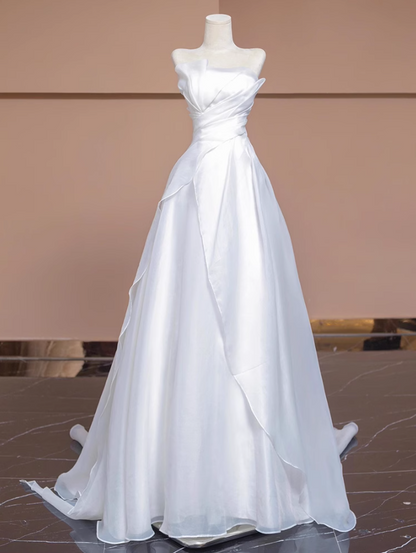 White A-line tulle long prom dress, white evening dress ED01037