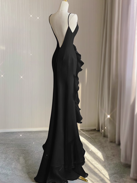 Satin long prom dress, black birthday dress HZ1024