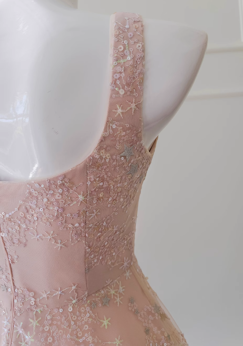 pink A-line tulle sequin short prom dress, light pink homecoming dress HZ1024