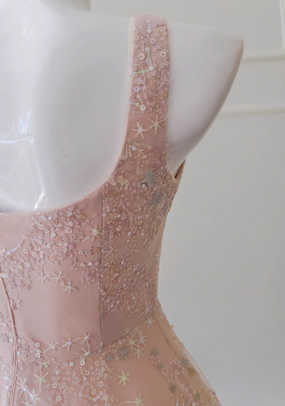 pink A-line tulle sequin short prom dress, light pink homecoming dress HZ1024