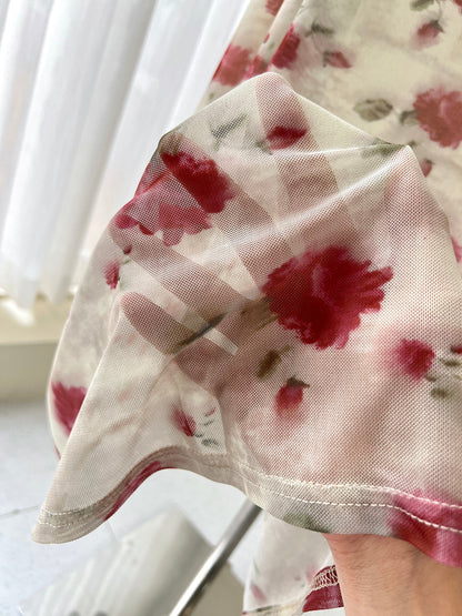French red floral sling tea dress  ED01047