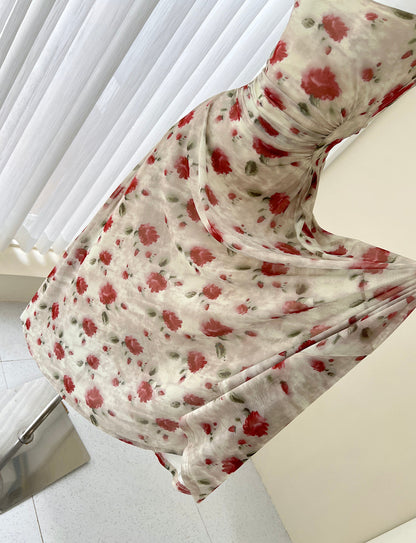French red floral sling tea dress  ED01047