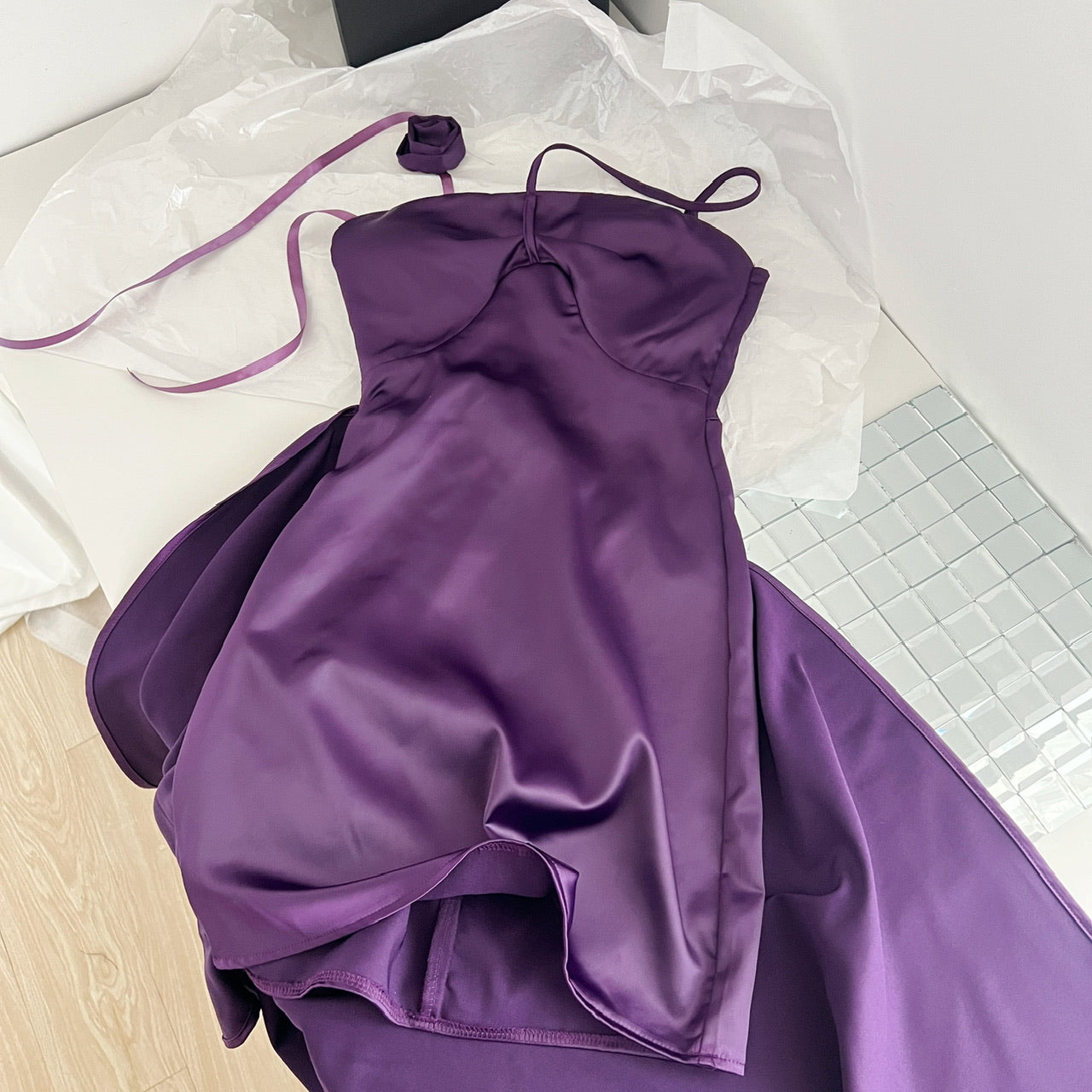 Purple Floral Halter Neck Satin Tube Dress  ED01050