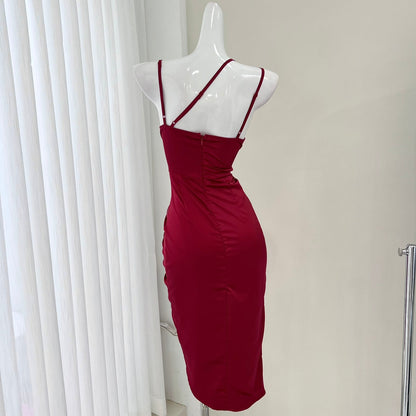 Red waist printed satin suspender dress ED01052