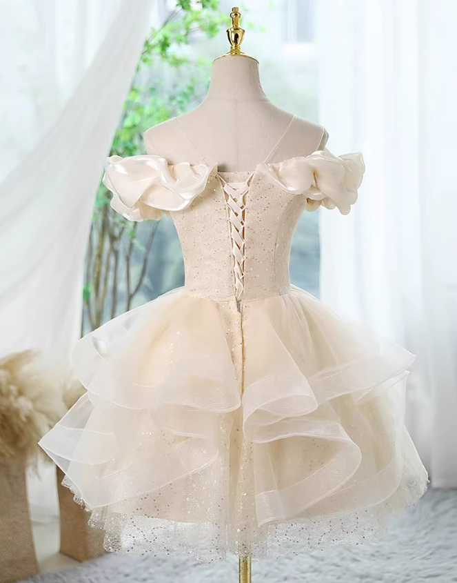 A-line off-the-shoulder tulle lace short prom dress, champagne homecoming dress HZ1024