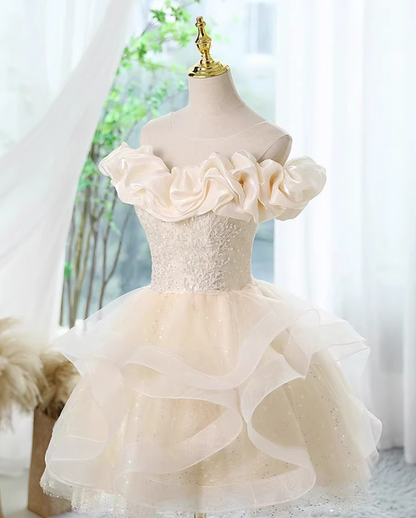 Champagne A-line off-the-shoulder tulle lace short prom dress, champagne homecoming dress ED01055