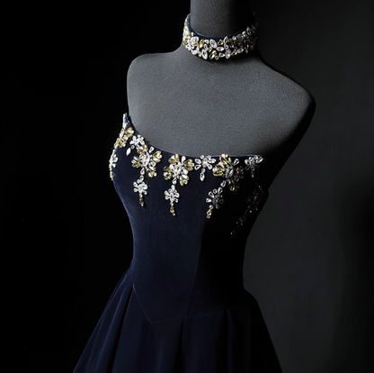 Navy A-line strapless velvet long prom dress, navy evening dress ED01057