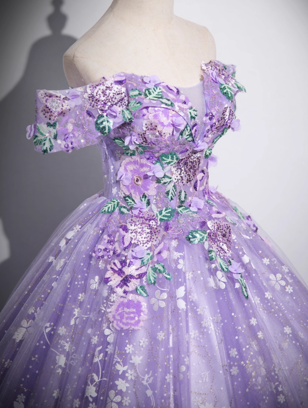 A-Line Off Shoulder Tulle Lace Purple Long Prom Dress, Purple Long Formal Dress HZ1024