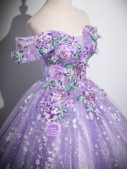 A-Line Off Shoulder Tulle Lace Purple Long Prom Dress, Purple Long Formal Dress HZ1024