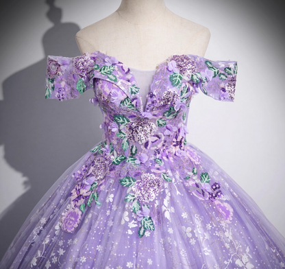 A-Line Off Shoulder Tulle Lace Purple Long Prom Dress, Purple Long Formal Dress HZ1024