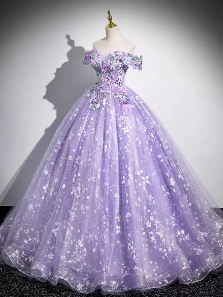 Elegant A-Line Off Shoulder Tulle Lace Purple Long Prom Dress, Purple Long Formal Dress ED01058
