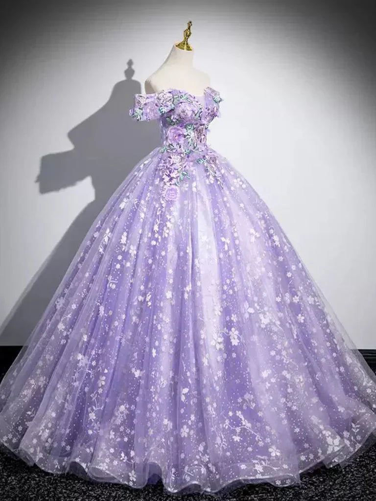 A-Line Off Shoulder Tulle Lace Purple Long Prom Dress, Purple Long Formal Dress HZ1024