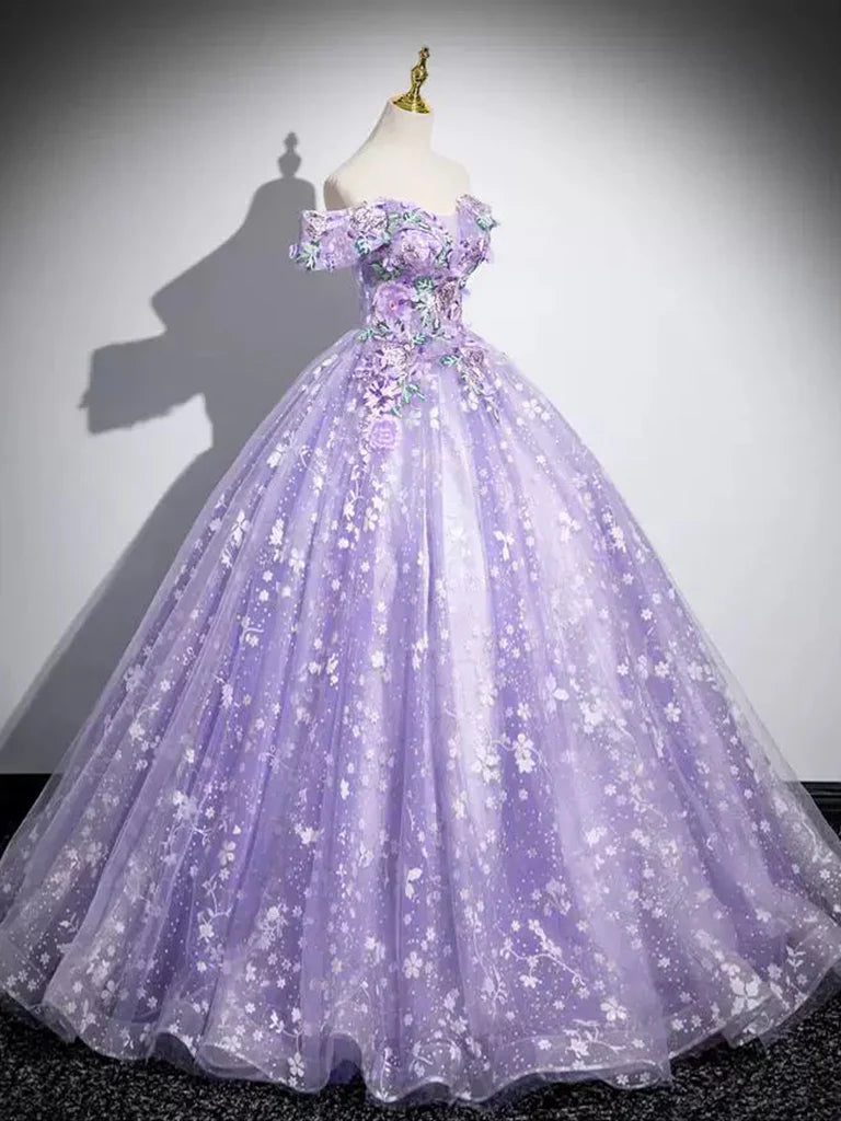 Elegant A-Line Off Shoulder Tulle Lace Purple Long Prom Dress, Purple Long Formal Dress ED01058