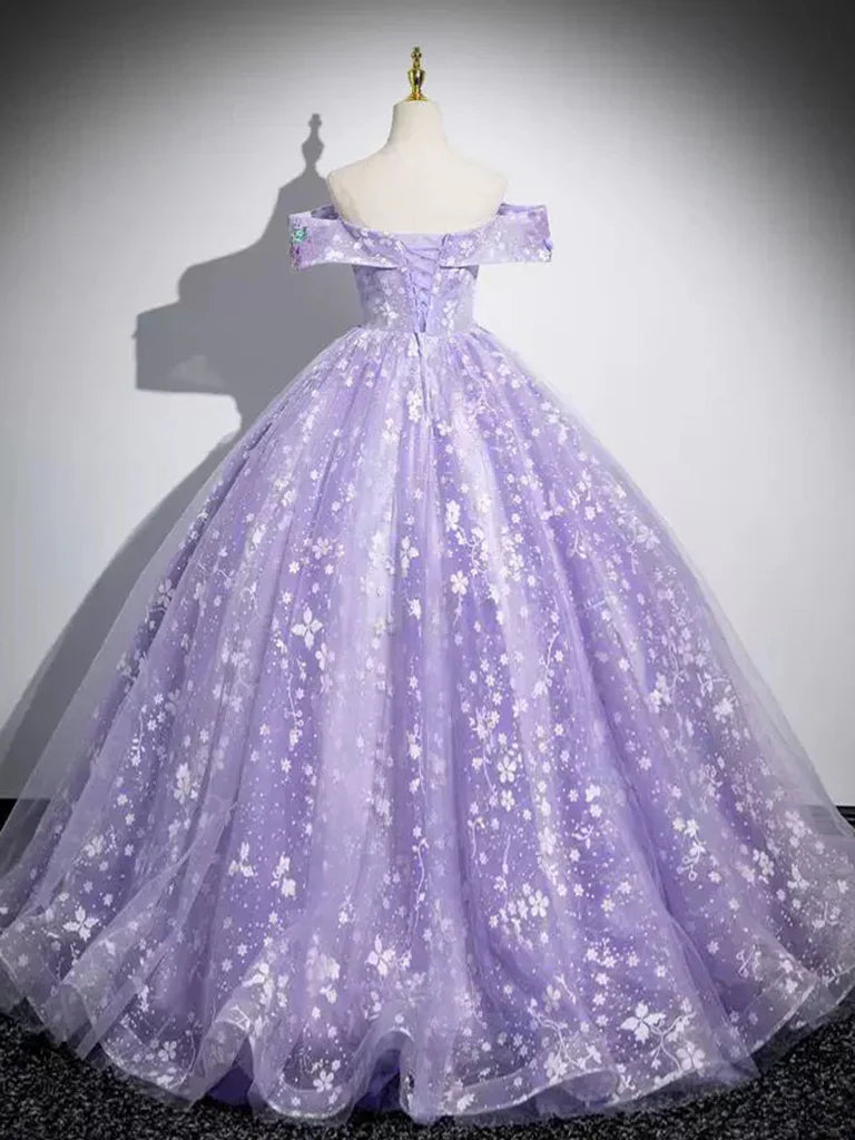 A-Line Off Shoulder Tulle Lace Purple Long Prom Dress, Purple Long Formal Dress HZ1024