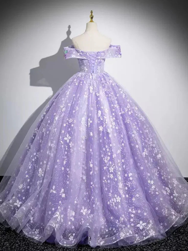 Elegant A-Line Off Shoulder Tulle Lace Purple Long Prom Dress, Purple Long Formal Dress ED01058