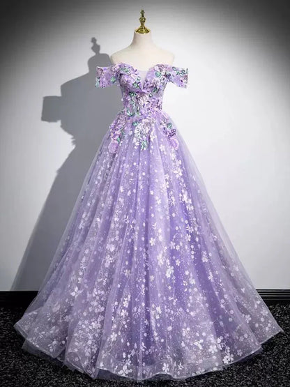 Elegant A-Line Off Shoulder Tulle Lace Purple Long Prom Dress, Purple Long Formal Dress ED01058