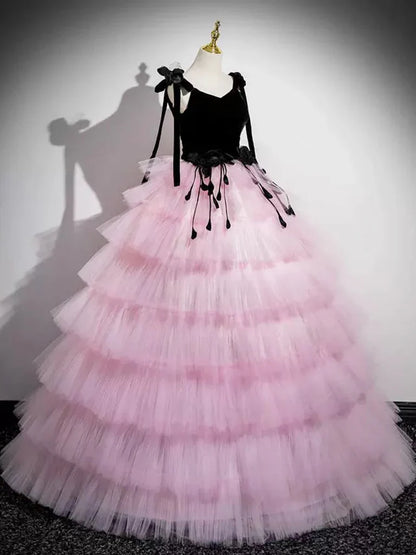 A-Line V Neck Pink Tulle Long Prom Dress, Pink Long Formal Dress ED01059