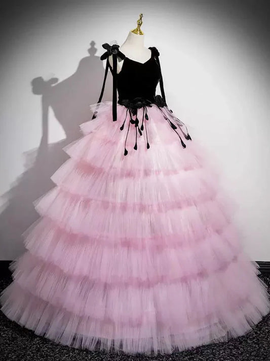 A-Line V Neck Pink Tulle Long Prom Dress, Pink Long Formal Dress ED01059