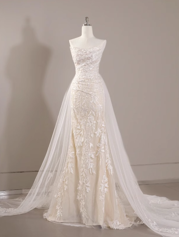 mermaid tulle lace long prom dress, white wedding dress HZ1024