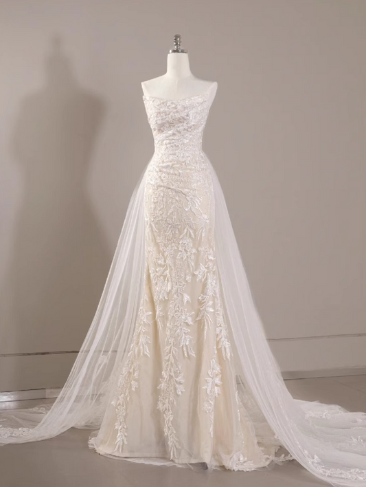 mermaid tulle lace long prom dress, white wedding dress HZ1024