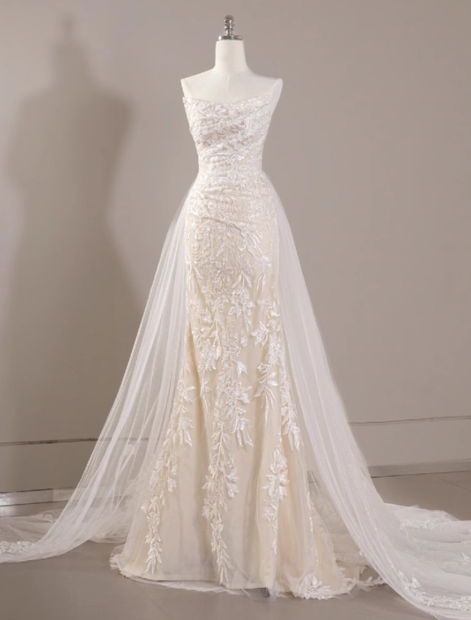 mermaid tulle lace long prom dress, white wedding dress HZ1024
