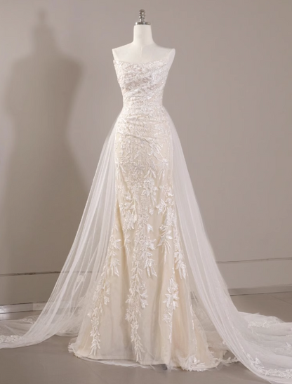 mermaid tulle lace long prom dress, white wedding dress HZ1024