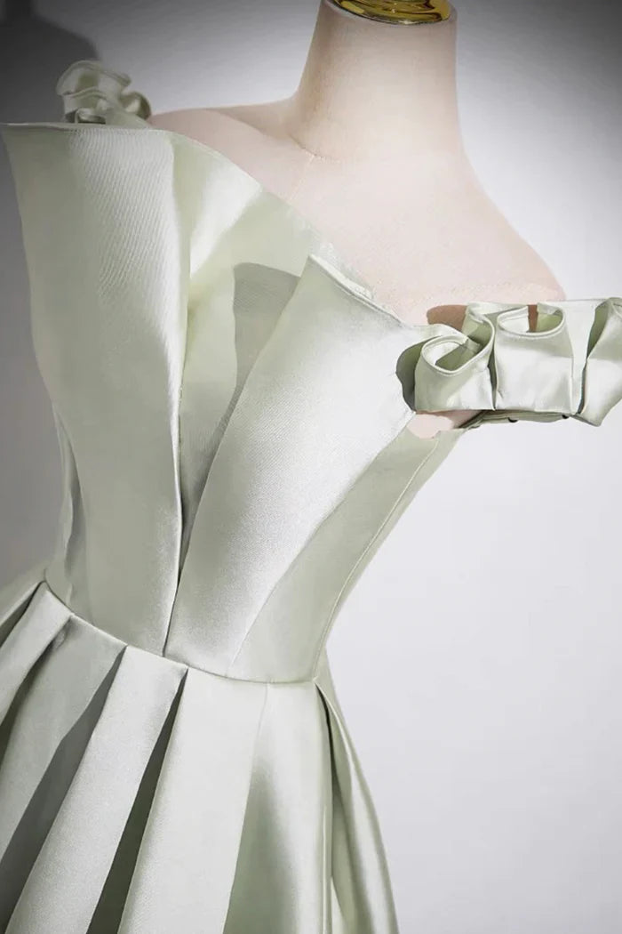 Light Green A-Line Satin Long Prom Dress, Simple Green Off shoulder Evening Dress ED01063