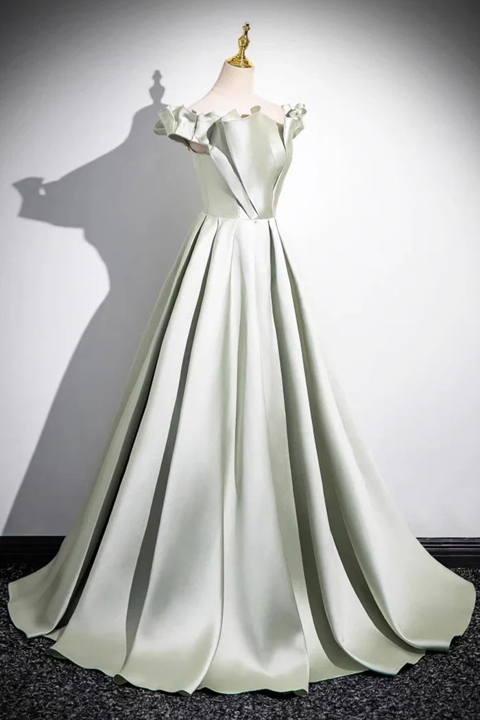 Light Green A-Line Satin Long Prom Dress, Simple Green Off shoulder Evening Dress ED01063