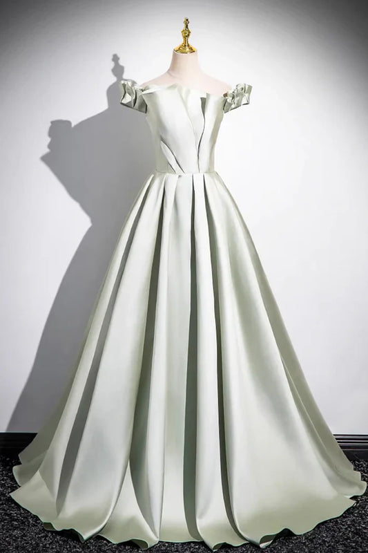 Light Green A-Line Satin Long Prom Dress, Simple Green Off shoulder Evening Dress ED01063