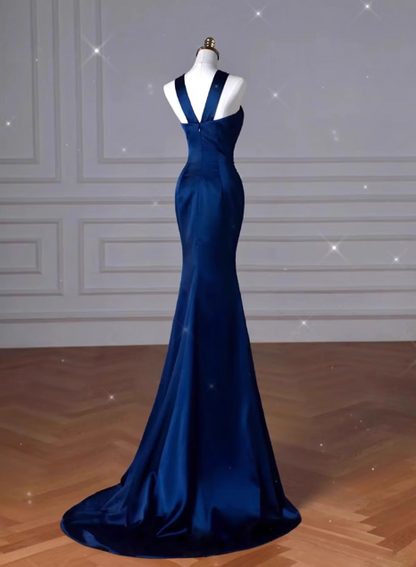 Blue mermaid satin long prom dress, blue evening dress ED01064