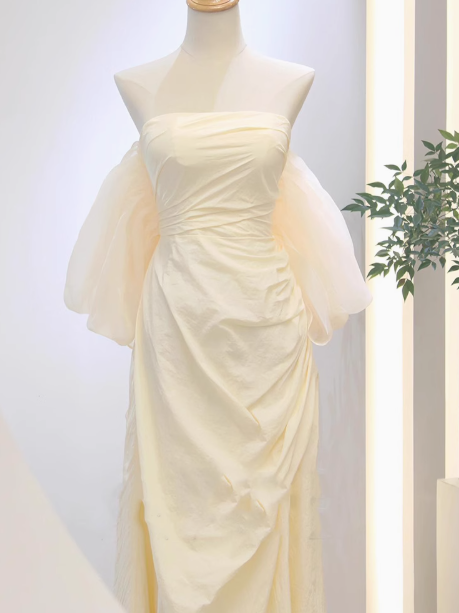 A-line strapless satin long prom dress, apricot evening dress HZ1024