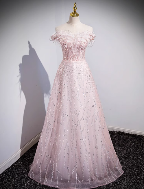 Pink A-line off-the-shoulder tulle lace sequined long prom dress, pink evening dress ED01066