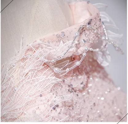 A-line off-the-shoulder tulle lace sequined long prom dress, pink evening dress HZ1024