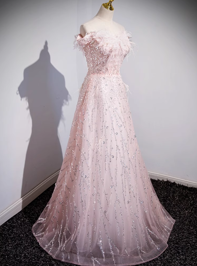 A-line off-the-shoulder tulle lace sequined long prom dress, pink evening dress HZ1024