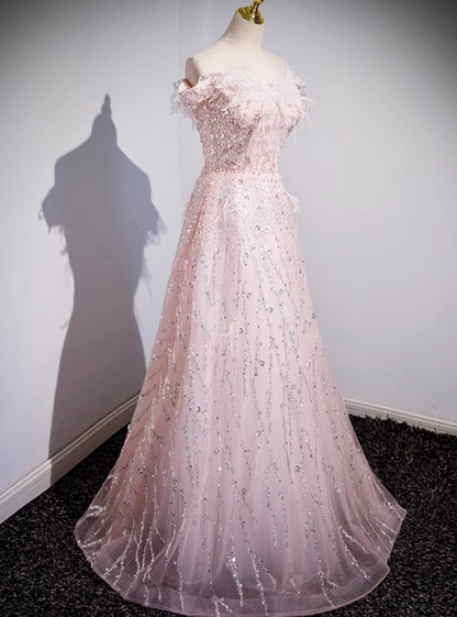 A-line off-the-shoulder tulle lace sequined long prom dress, pink evening dress HZ1024