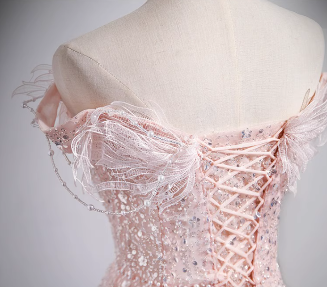 A-line off-the-shoulder tulle lace sequined long prom dress, pink evening dress HZ1024