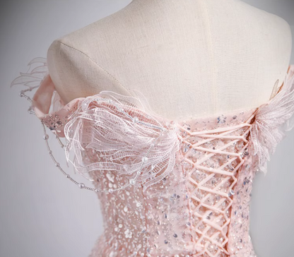 A-line off-the-shoulder tulle lace sequined long prom dress, pink evening dress HZ1024